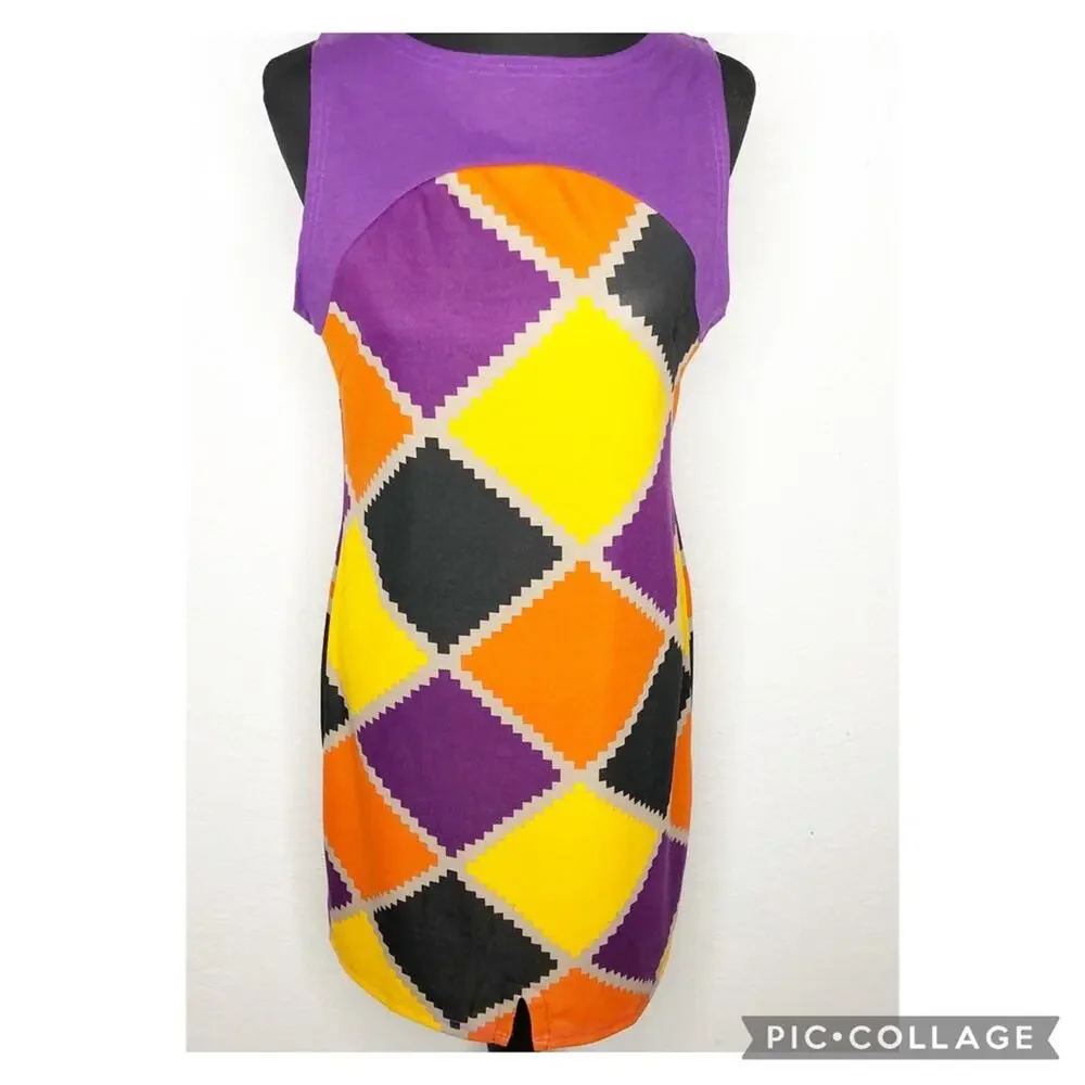 Tracy Negoshian Joan Jagged Diamonds purple orange gold shift dress Medium NWT